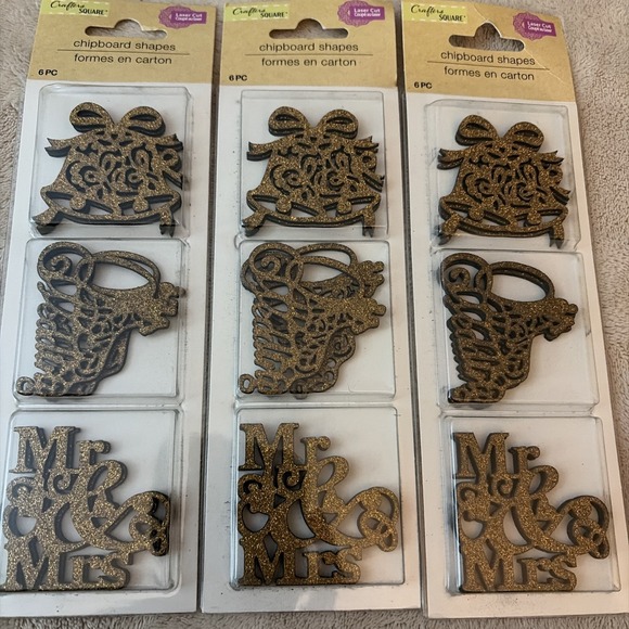 Crafter's Square Other - Crafters Square Chipboard Shapes Lot Of 3 Glitter Gold Wedding 2 Theme 18 Pcs